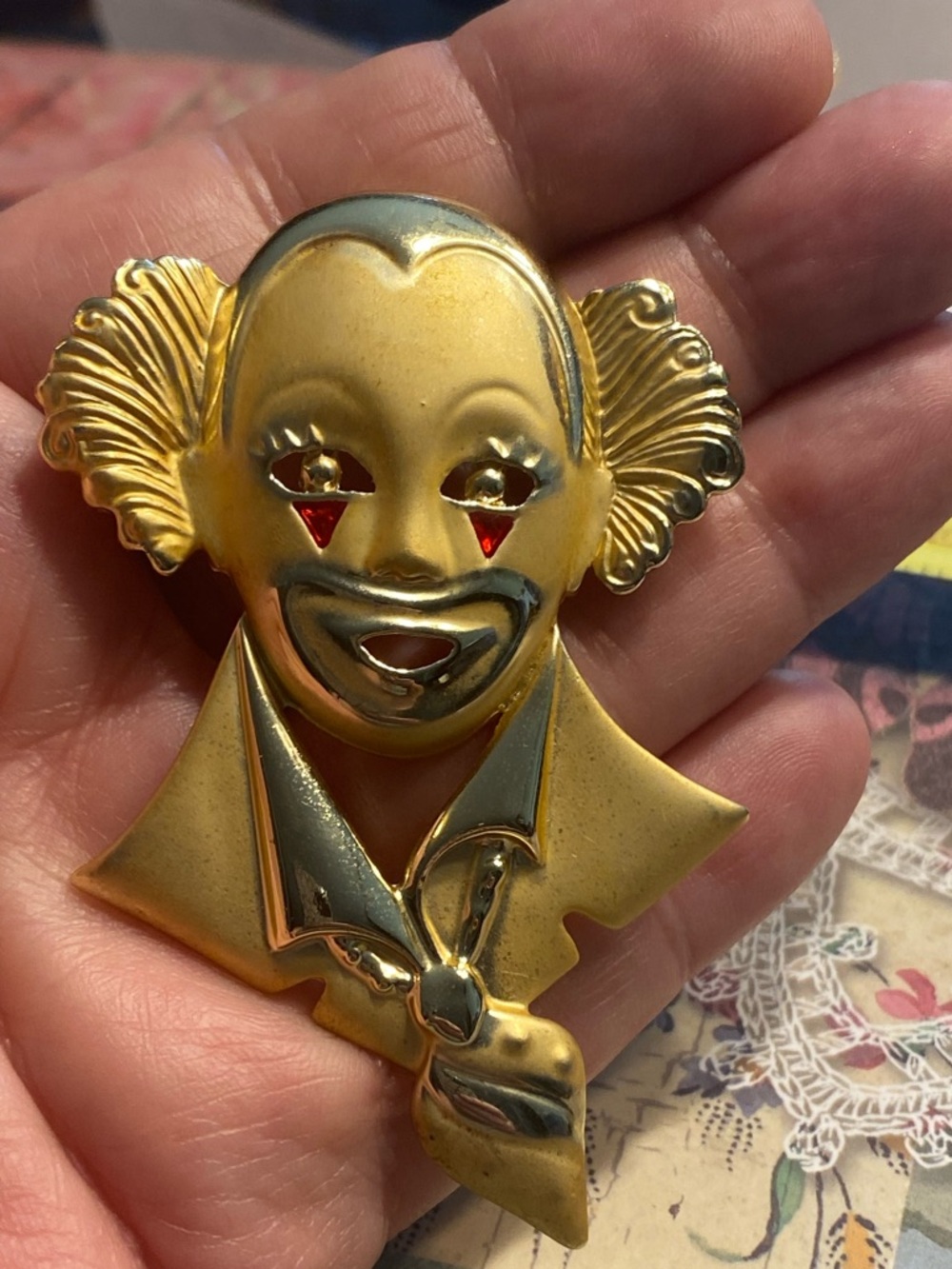 Vintage Signed AJC Gold Tone Happy Clown Brooch Pin - 1980s Circuscore Harlequin